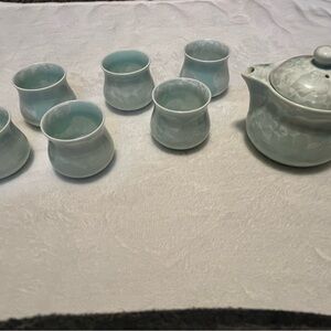 Vintage (Asian/East Asian), Elegant Celadon Tea Set- 6 Cups, 1 Pot W/ Strainer
